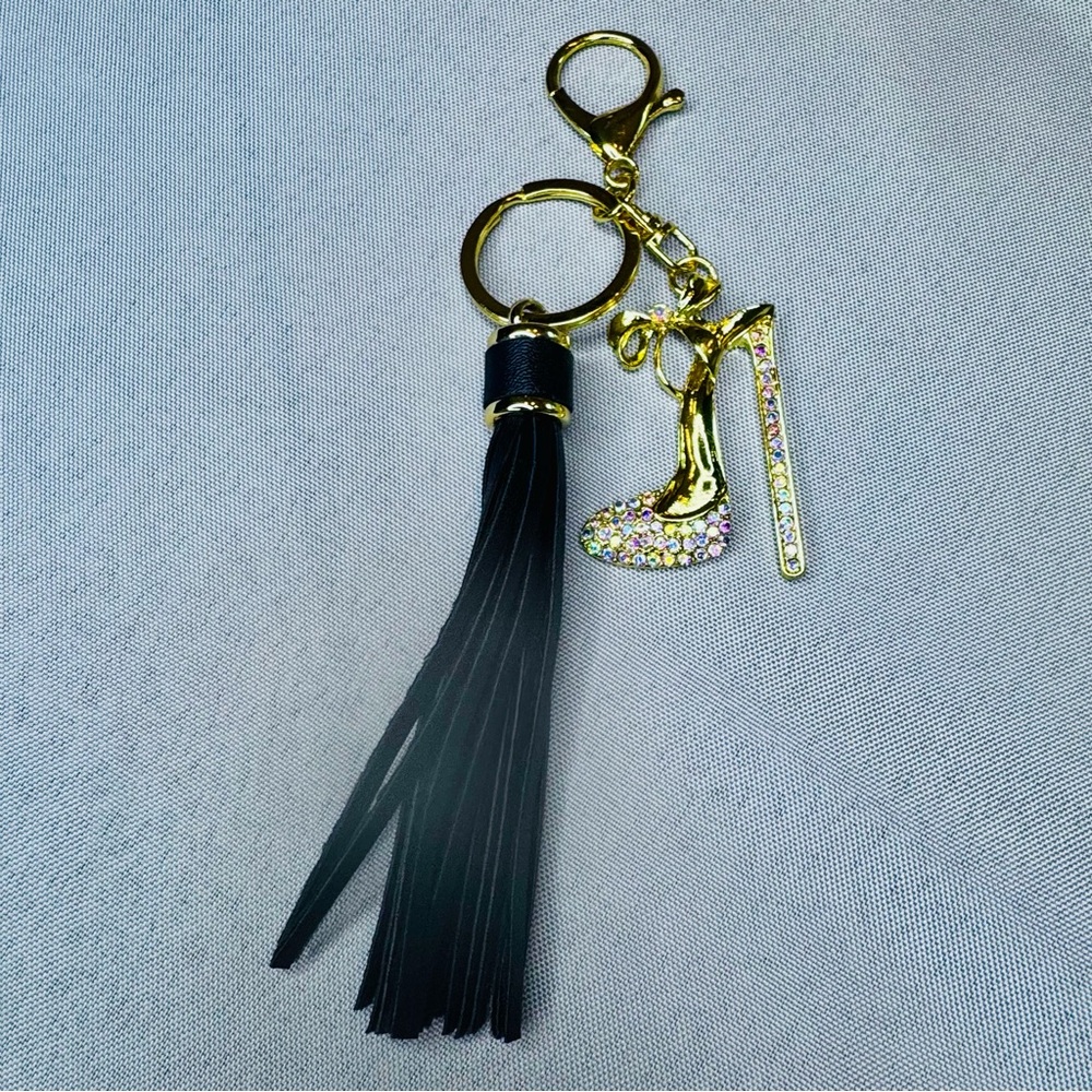 Handcrafted Gold and Black Tassel Keychain with High Heel Charm